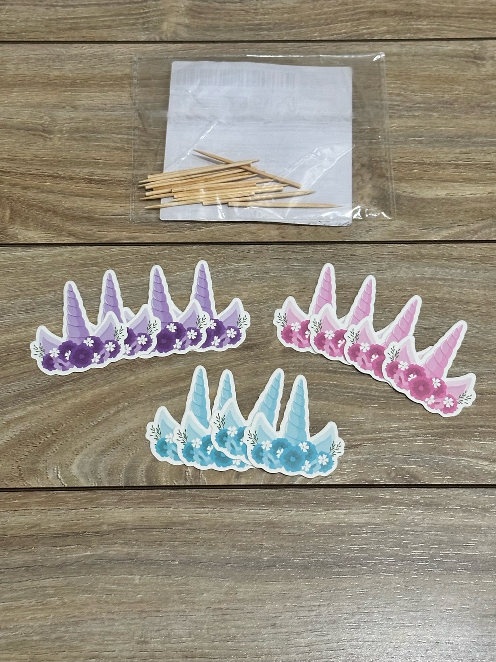 12 Unicorn Horn Cupcake Toppers - Pink, Purple, Blue